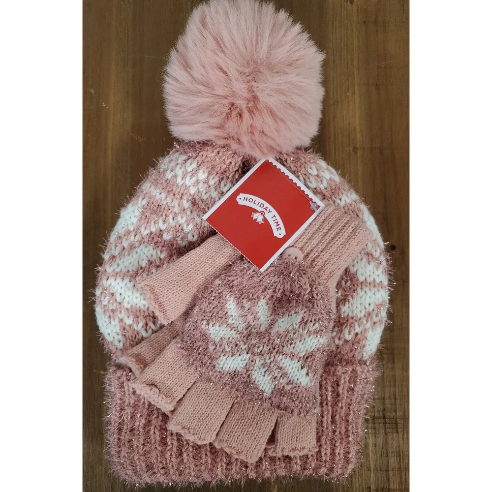 Tinsel Snowflake Hat & Gloves Set - Rose Pink Open Finger Texting Women's NEW